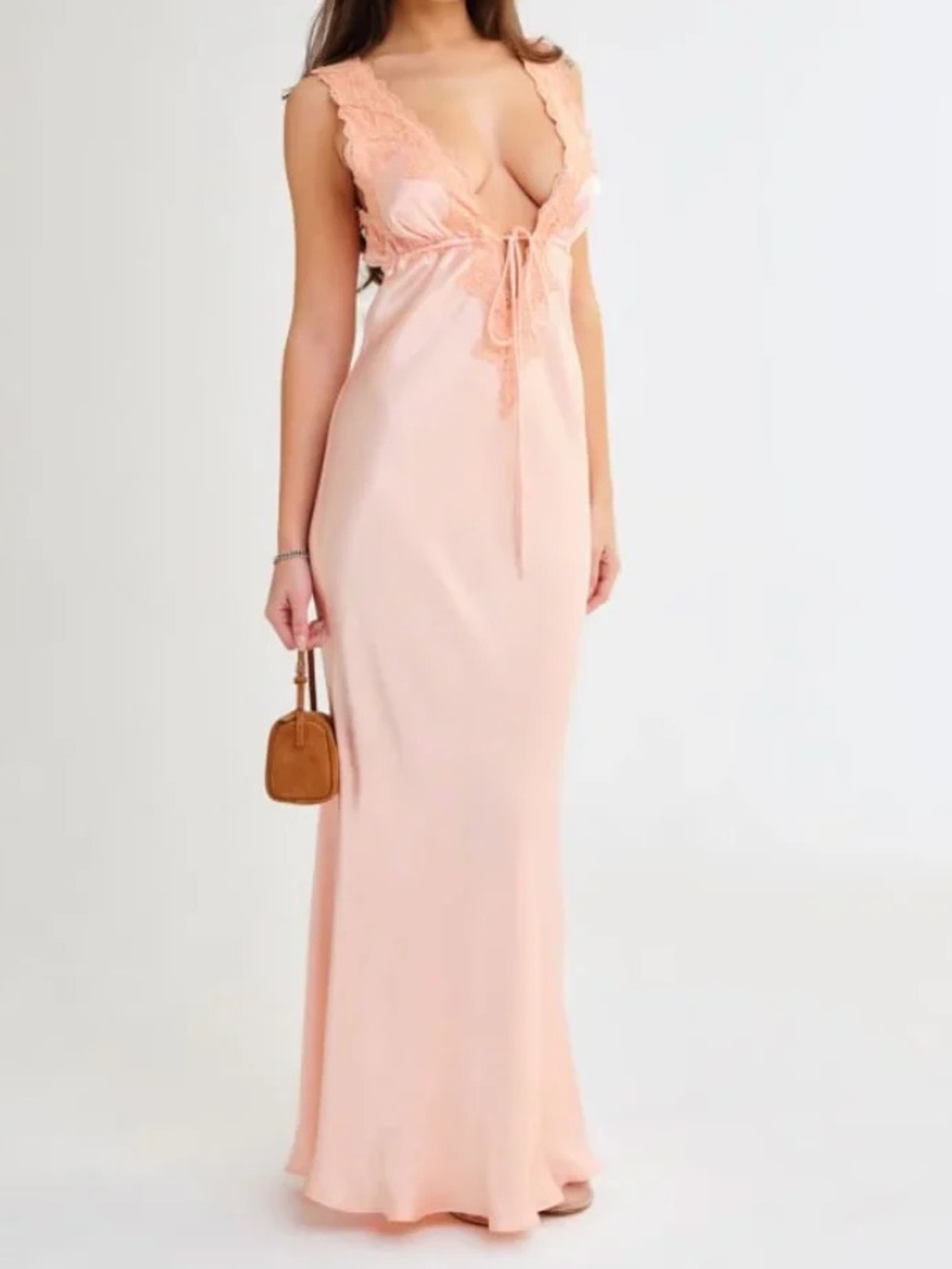 Rumored Venice Maxi Dress Satin Lace Trim Pink Rose Gold Size M coquette fairy